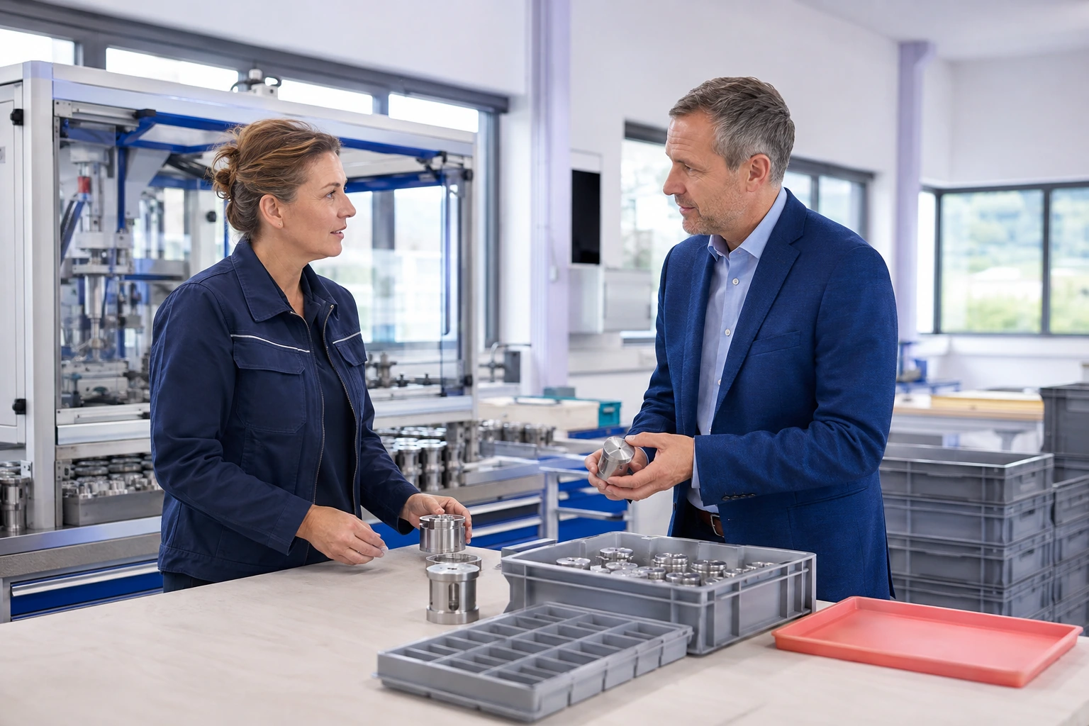 Inhaberin eines Herstellungsbetriebs und Vertriebsunternehmer besprechen Metallbauteile