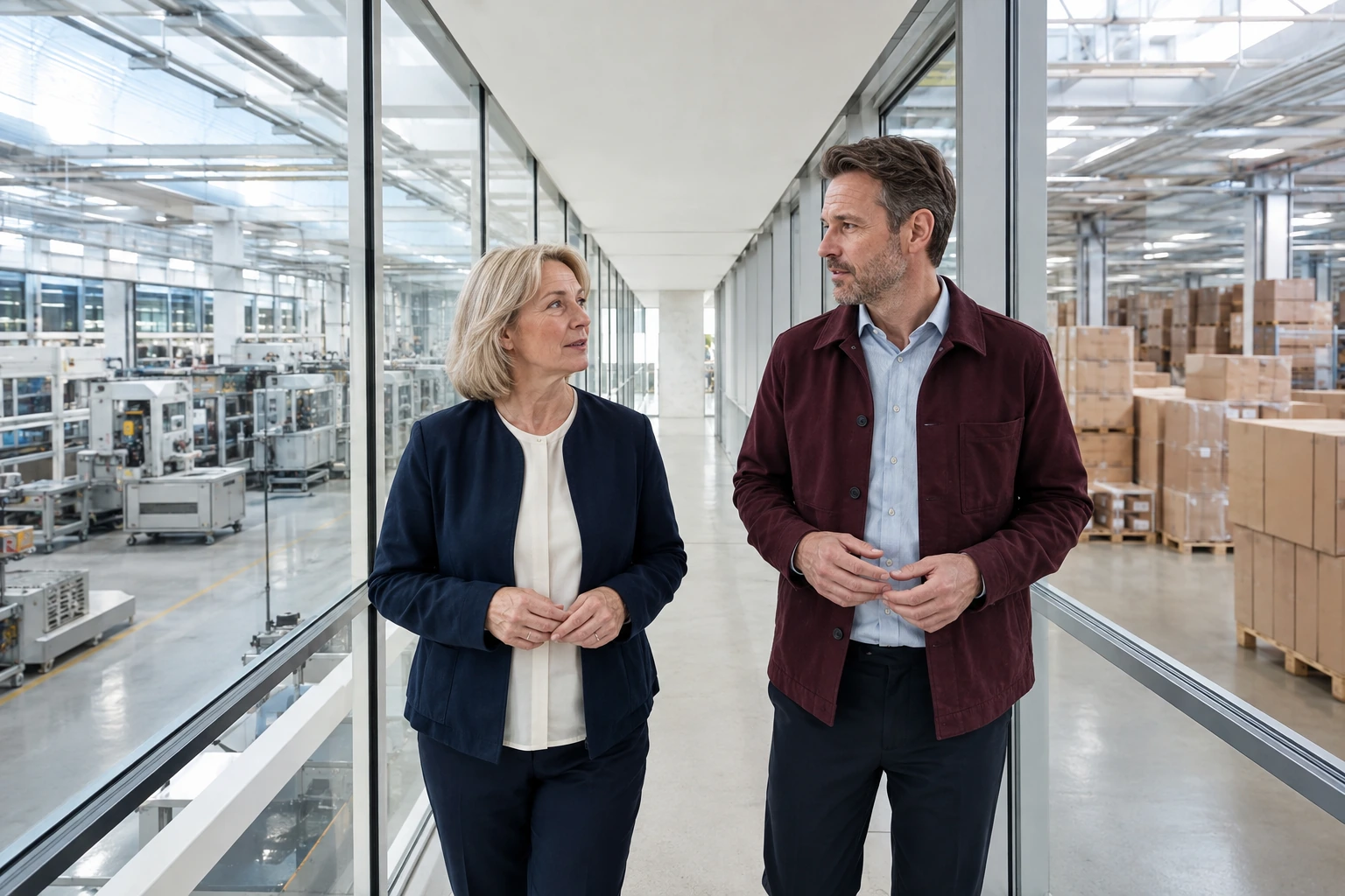 Eigentümerin und Kaufinteressent besichtigen Produktion und Versand eines Betriebs